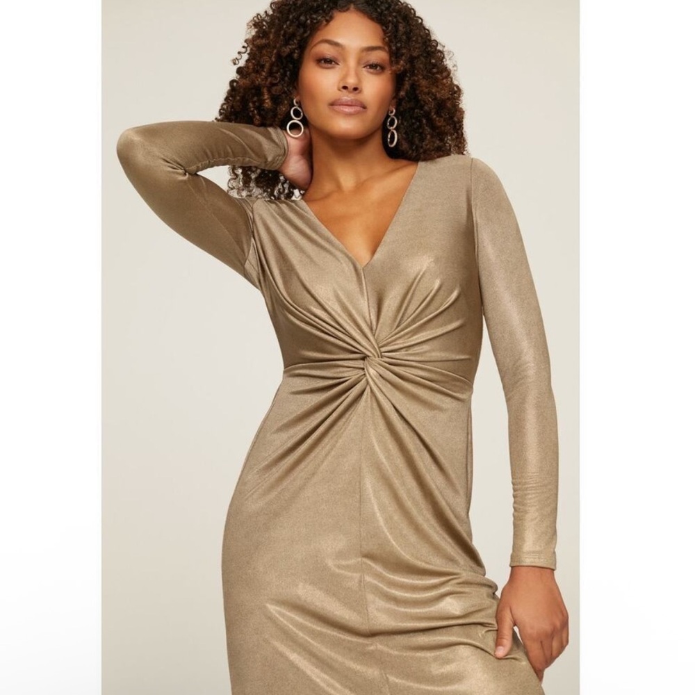 Lauren Ralph Lauren Size 2 Twist Front Jersey Maxi Shift Dress Gold Long Sleeves - Picture 5 of 11